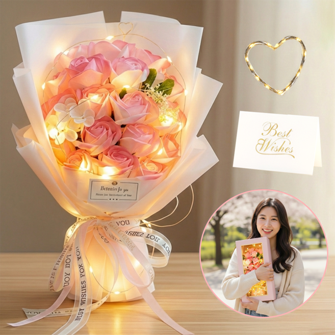 Flyaiku 로즈핑크 18송이 시들지 않는 LED 장미 꽃다발 선물세트 기프트박스 카드포함 졸업식 기념일 선물, 핑크색