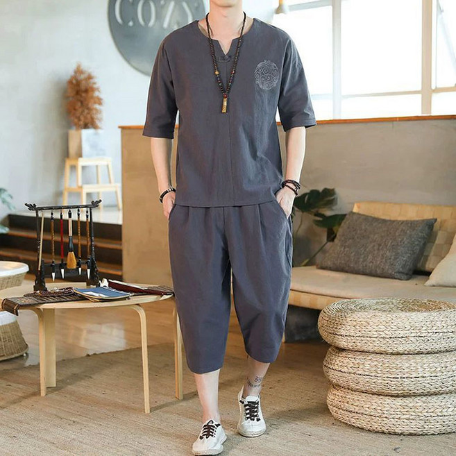 ORZQU 남성 여름 생활한복 면마 세트 반팔 티셔츠 와이드 조거팬츠 투피스 쿨링 반팔 반바지 밴딩 7부 팬츠 빅사이즈 상하세트