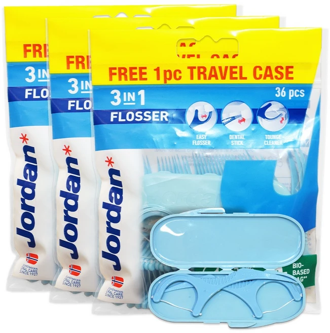 조르단 3in1 일회용 치실 36pcs 스틱형 치실 혀클리너 덴탈스틱 여행용케이스포함, 3세트, 36개입 - 쿠팡
