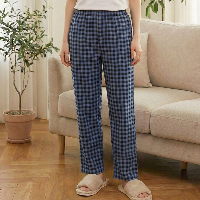 고슬고슬한 촉감 남성 여성 깅엄 체크 9부 주머니 파자마 잠옷 바지 P-1019
