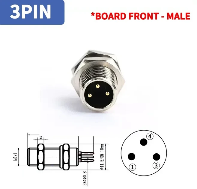 M8 센서 커넥터 패널 백 마운트 방수 플랜지 소켓 스레드 커플링 3 핀 4 5 A 타입, 07 3P Board front M