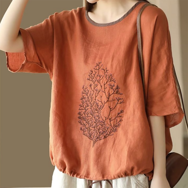 지고다그 여성 여름 루즈핏 린넨 탑 식물자수 포인트 편안한 반팔 상의 ZKA0203