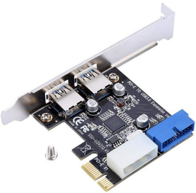 PCIE to USB 30 PCI Express 카드 5 Gbps 2포트 PCIe 확장 어댑터 전면 19핀 전원 커넥터 인터페이스 데스크탑용, 1개