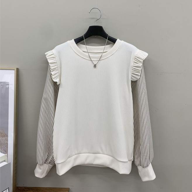 [행복여] 스트라이프 레이어드 배색 어깨 프릴 골지 티셔츠