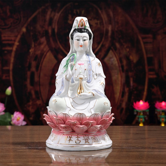 陶瓷 觀音 菩薩 佛像 擺件 家用 佛教 裝飾 藝術 宗教 工藝品, 12寸藍邊觀音（單尊）高30厘米