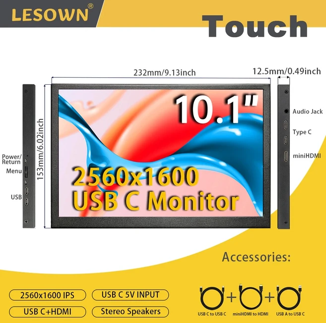 LESOWN 터치스크린 미니 디스플레이 10.1인치 보조 휴대용 모니터 2560×1600 IPS 92% sRGB 동적 스코어보, 01 2.5K Touch