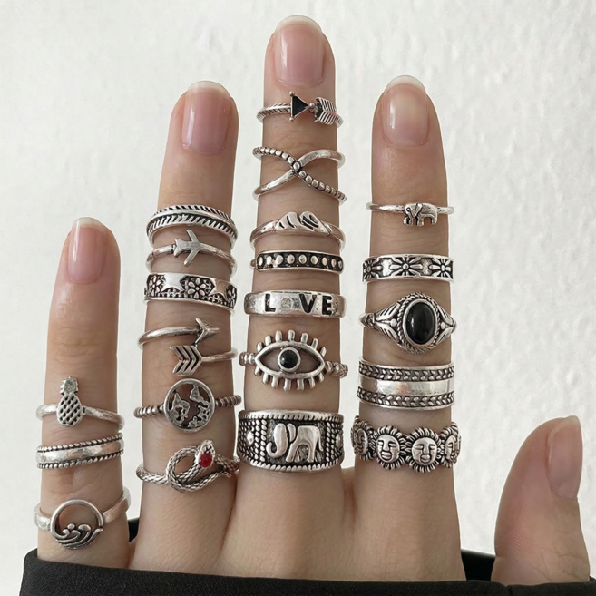 [21종 세트] 포포제니 보헤미안 빈티지 실버 레이어드 반지