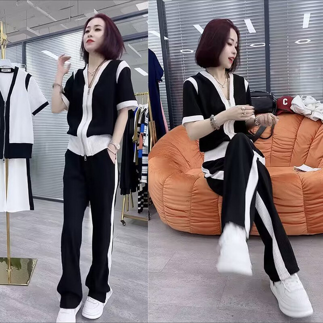 夏季顯瘦運動套裝女 短袖上衣 高腰闊腿褲兩件式 休閒套裝, 黑色,XL