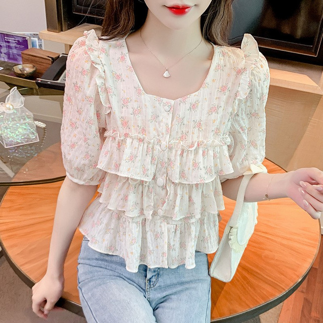 DUOMIHAN여성 플라워 프릴 반팔 블라우스 스퀘어넥 러플 디자인 WZS60312