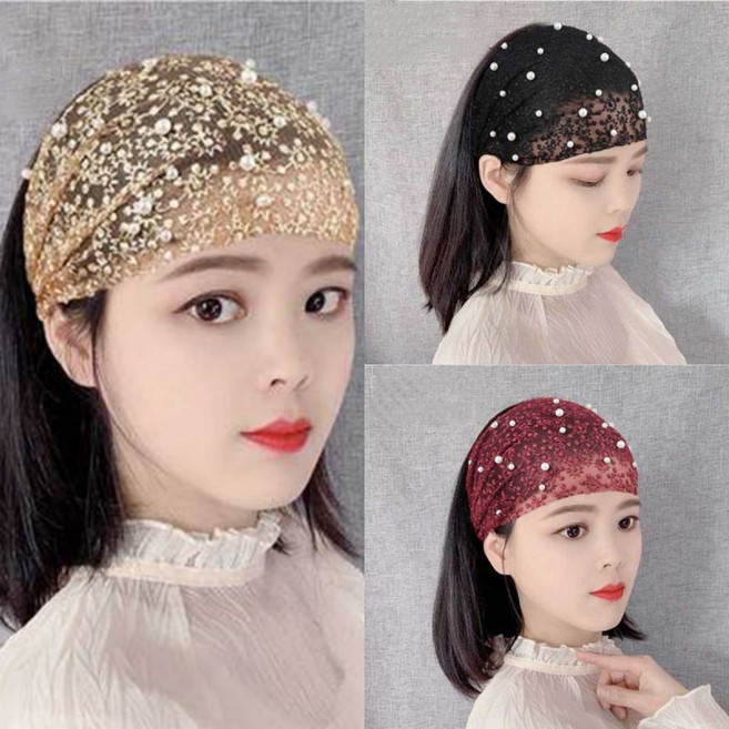 ZMBIRD 3종세트 중년여성 진주 레이스 백발 커버 헤어밴드 N1479