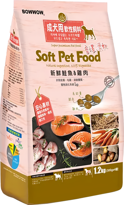 BOWWOW 成犬軟性飼料 高質量蛋白 柔軟質地 關節護理, 鮭魚 + 雞肉, 1.2kg, 1袋