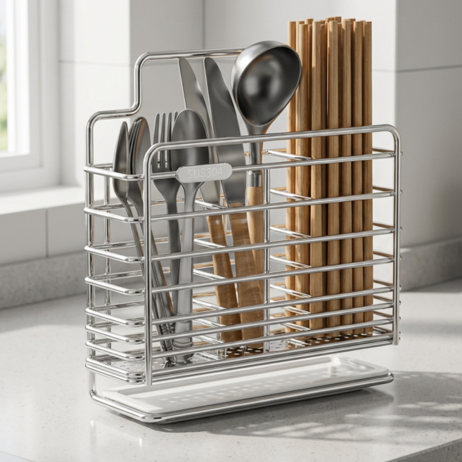 베리블루 304 스텐 물빠짐 수저통 3구, 1개, 실버