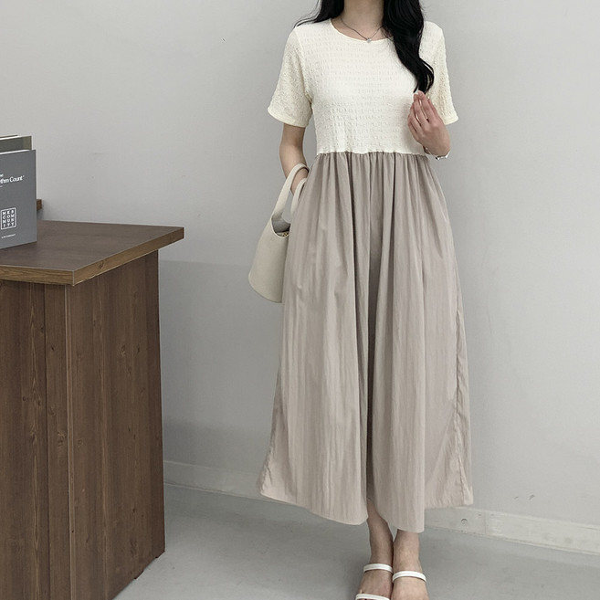 행복여 마몽 배색 스판 플레어 롱 원피스