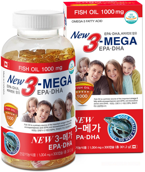 프리미엄 캐나다 오메가3 1000mg New3-MEGA EPA & DHA 비타민E 함유 300캡슐, 1개, 300정