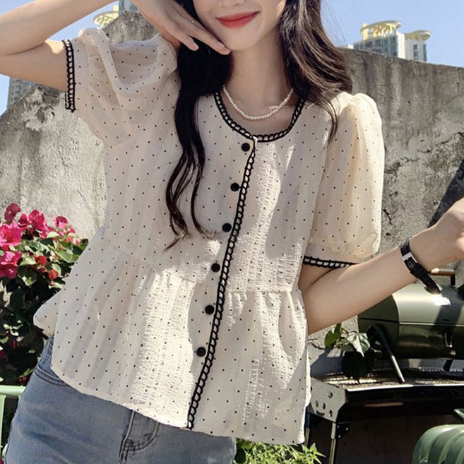 마이클로젯 MC0126 도트무늬 퍼프소매 블라우스