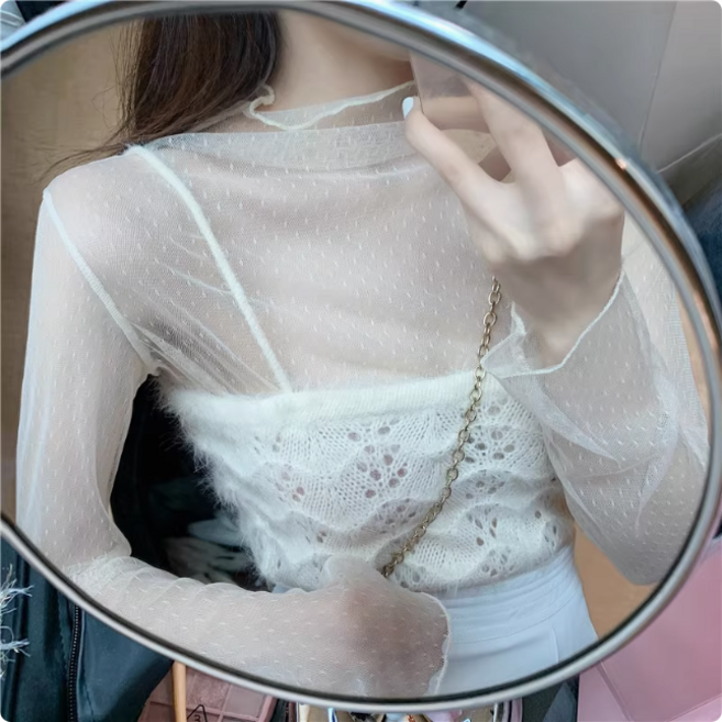 도트 레이어드 시스루 이너 블라우스 망사티셔츠 099