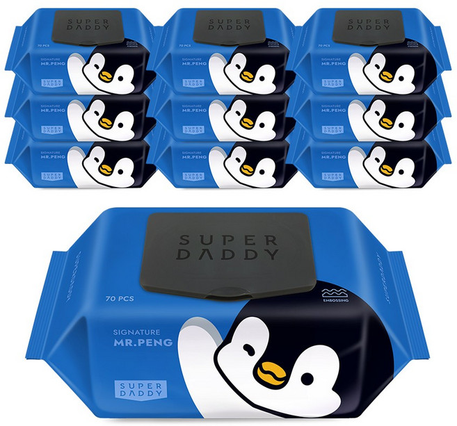 슈퍼대디 시그니처 미스터펭 저자극 아기물티슈 캡형 77평량, 77g, 70매, 10개