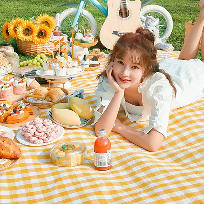 체크 피크닉 감성 방수 돗자리 포켓 대형 캠핑 매트 휴대용 2인용 야외 테이블 등산 은박 소풍 텐트 용품, R99324Y(체크노랑