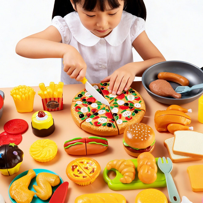 토요요 유아 소꿉놀이 세트 햄버거 장난감 피자놀이 음식 장난감 자르기 장난감 주방놀이 역할놀이 Q-HB1, 85개