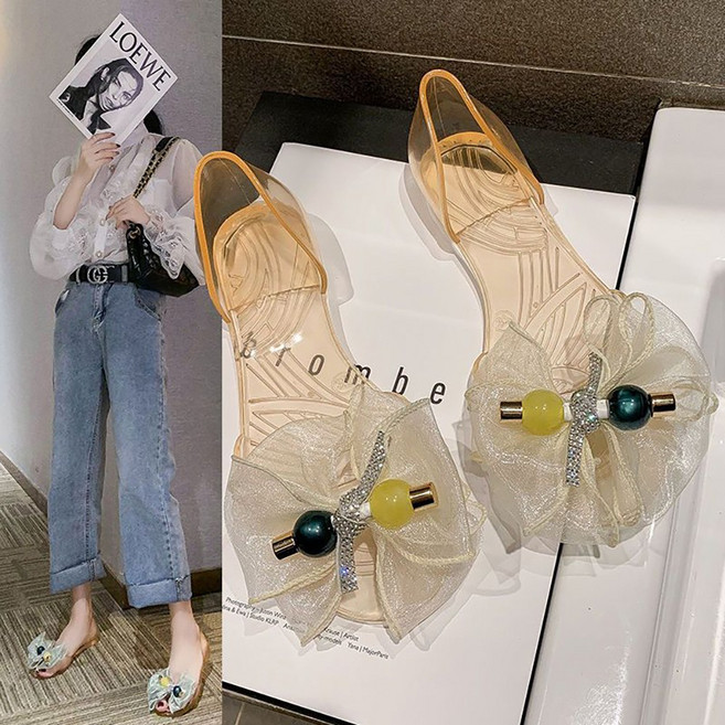 ROYALBELLE 여성 투명 리본 장식 비즈 포인트 슬링백 플랫 젤리 데일리 페미닌 샌들 B06032470