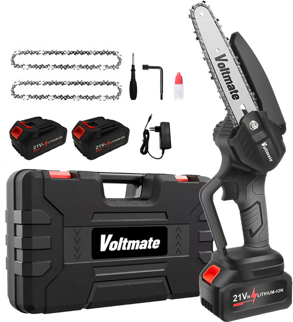 [국내발송] VoltMate 독일 21V 고성능 6인치 전기 체인톱 리튬 충전톱 다기능 무선 전기톱 2개 배터리 세트, 1세트