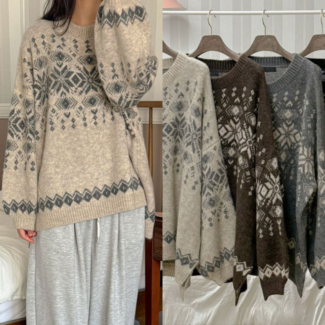 마더라이크 여성 눈꽃 니트 라운드넥 밑단 트임 빅사이즈 임부복