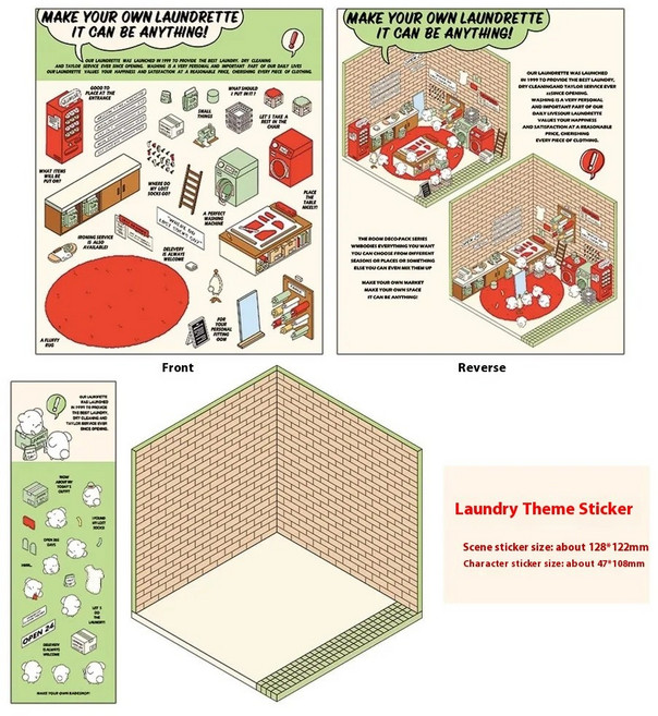 가필드 오디 존 고양이 강아지 동물 노트북 캐리어 꾸미기 장식 스티커 굿즈 DIY 3D 퍼즐 미니어처 하우스 쌓인 세탁 불꽃 놀이 디스플레이 장면 원장 선물, [01] XS, [03] laundry room
