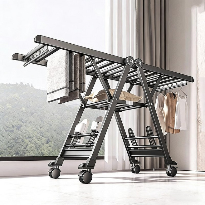 호밍사이 이동식 빨래 건조대 접이식빨래건조대 베란다 양말건조대 높이연장 양날개 건조대, 총회색