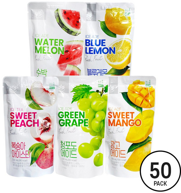 밸런스그로우 편의점 에이드 230ml 50팩 (복숭아10+청포도10+망고10+수박10+블루레몬10), 50개