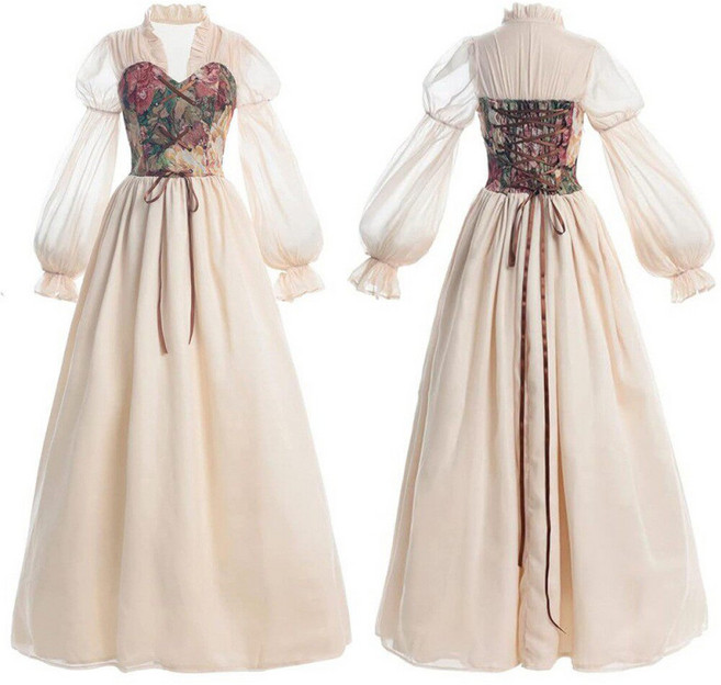 중세 드레스 의복 유럽 가을 긴팔 레이스 슬림핏 허리끈