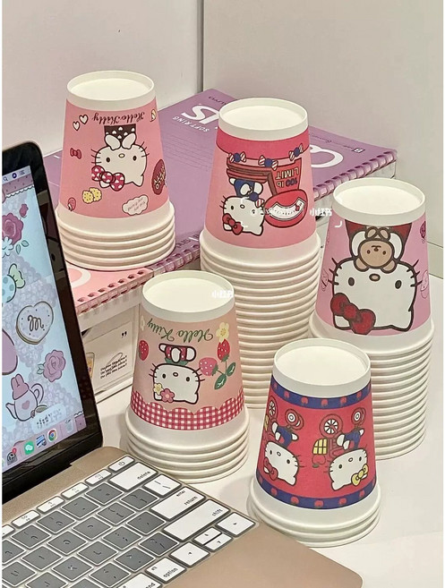 다나에 50개 100개 세트 헬로키티 일회용 종이컵 두툼한 가정용 커피 250ml물컵 +Integrated International Trade Co. Ltd 머리핀, 1세트, 50개입