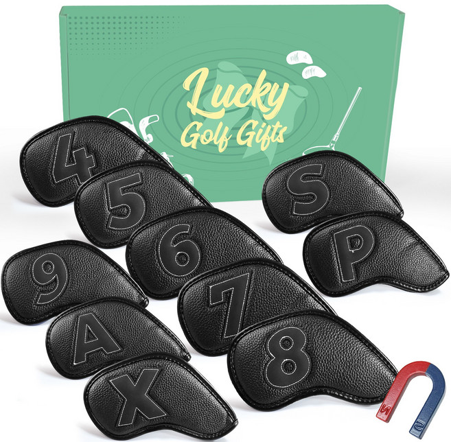 지칸디 자석 아이언커버 10개 세트 골프채 헤드 커버 웨지 보호, 1세트, 블랙