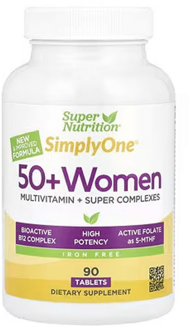 슈퍼 니트리션 Super Nutrition SimplyOne 50세 이상 여성용 종합비타민과 슈퍼 복합체 철분 무함유 90정 SPN-02406, 1개
