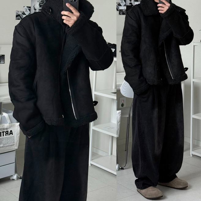 르위 오버핏 양털 레더 스웨이드 무스탕