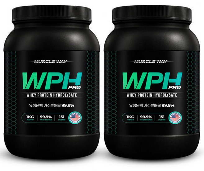 머슬웨이 WPH 99.9% 가수분해유청단백질 프로틴 보충제 1kg 2개