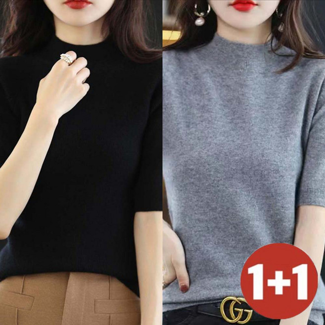 TKX 1+1 반목니트 여성 반팔 터틀넥 탑 가을 겨울 신축성 좋은 올드머니룩 KN89