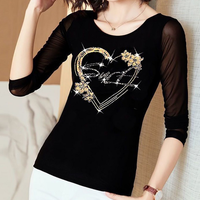 ROYALBELLE 여성 라운드넥 큐빅 장식 빅사이즈 루즈핏 긴팔 얇은 캐주얼 망사 티셔츠 V01012225