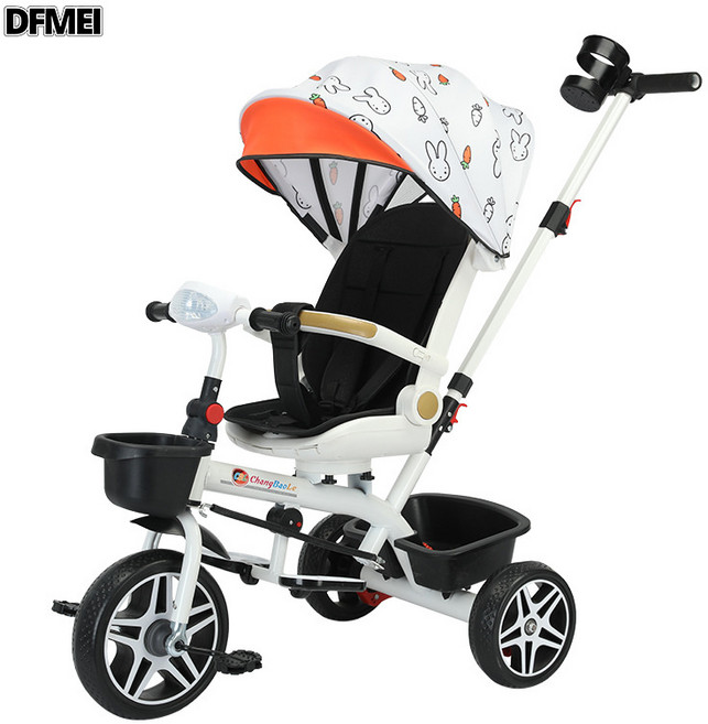 DFMEI 嬰兒車 兒童三輪車 寶寶腳踏車 嬰兒手推車 可躺可旋轉 音樂燈光, 1個, 高端帶遮陽棚推把三輪-白色:參考詳情