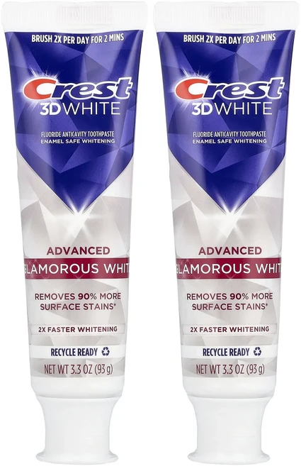 헁복하고 건강하세요 Crest 3D 화이트 불소 충치 예방 치약 어드밴스드 글래머러스 화이트 튜브 2개 각 93g(3.3oz) 늘 챙기셔야합니다, Crest3D화이트불소충치예방치약어드밴스드글래머러스화이 - 쿠팡