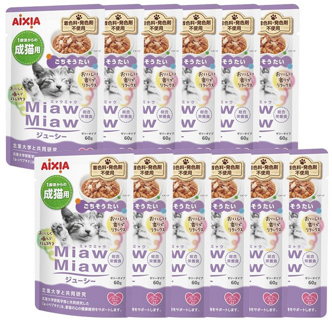 아이시아 먀우먀우 쥬시 파우치 고양이간식, MJ-11 도미, 60g, 12개