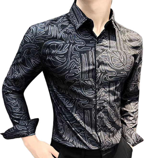 봄가을 패션 긴팔 셔츠 남자 슬림핏 건달 프린트 셔츠 남성용 댄스복 상의 뉴타임즈 1202SC05