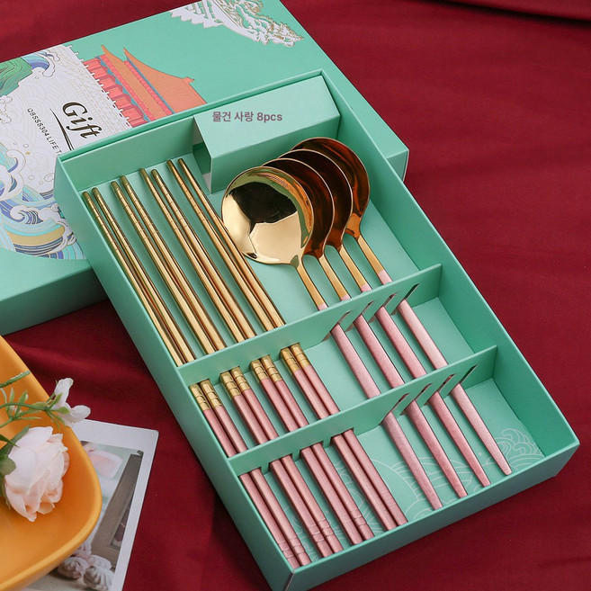 스테인리스 포르투갈 수저 2종 세트 식기세트 그린 선물세트 8종 세트포장 선물세트, 핑크골드 8종 세트, 1개