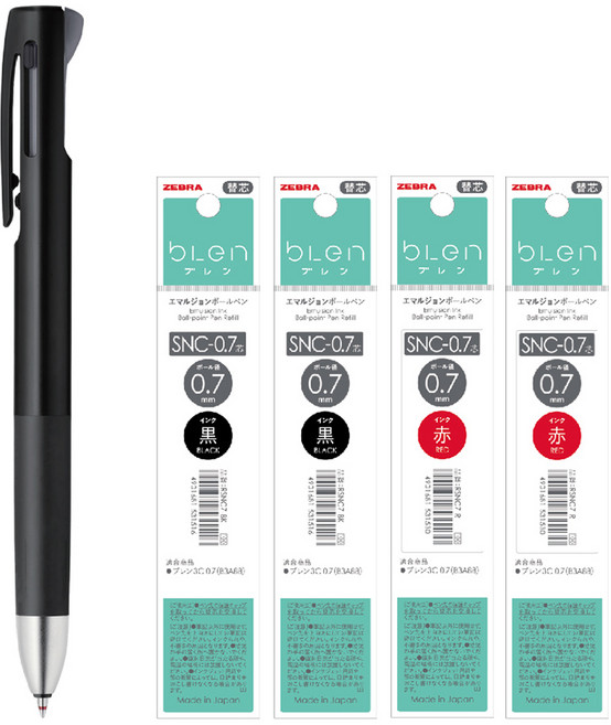 ZEBRA 블렌 2색 멀티펜+리필4개 (흑2 적2) B2SAS88, SNC (흑2적2), 0.7 블랙 (블렌 2+S)