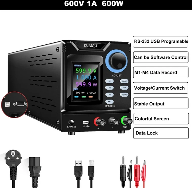 KUAIQU 1000V/800V/600V/400V/300V 1A DC 실험실 전원 공급 장치 조정 가능 60V 20A 벤치 전원 공급 장치 2, 06 600V 1A RS232 USB, 01 China Mainland, 02 120-370VAC의 경우