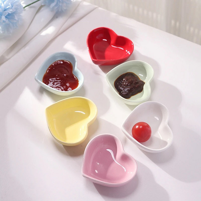 MorningSea 가정용 귀여운 도자기 하트 반찬 접시 예쁜 양념그릇 다색 소스그릇, 색상 랜덤, 6개