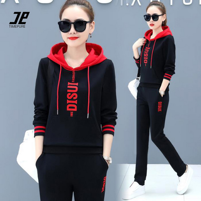 TIMEPURE 여성 후드 트레이닝 세트 봄/가을 중년 캐주얼 빅사이즈 오버핏 레터링 2피스 러닝 스포츠웨어