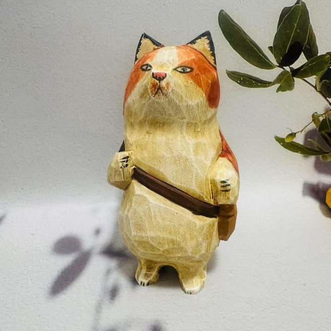 原創木雕貓咪擺件 紅衣復古貓 木製工藝品 桌面裝飾公仔, 斜挎包貓