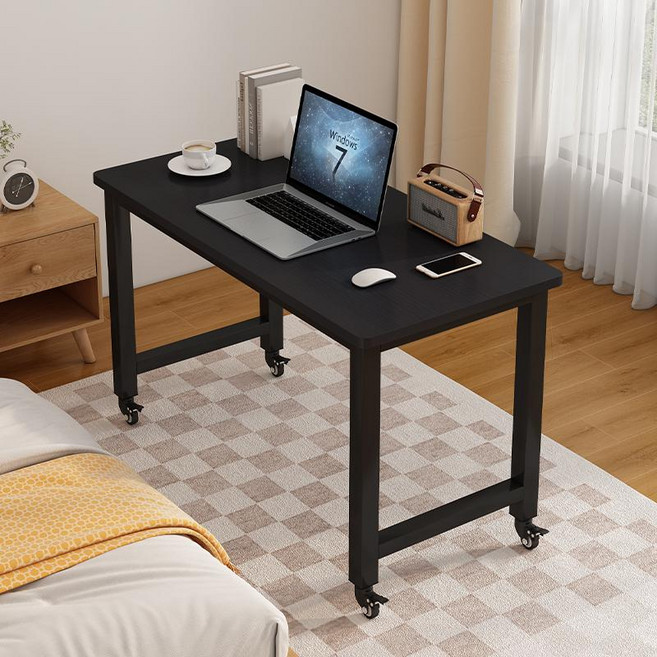 바퀴달린 책상 테이블 노트북 공간활용 침대 협탁 긴 이동식 나무, 70x40x74cm, 블랙+블랙 프레임