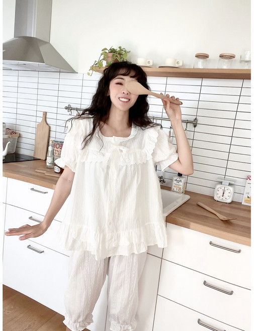 [구구번지] 여성 소녀 귀여운 레이스 상하잠옷세트 원단 100%면 예쁜 화이트 여름잠옷
