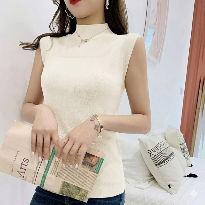 BlueMM 여성용 하이넥 홀가먼트핏 민소매 니트 슬리브리스 나시 티 이너용 여름